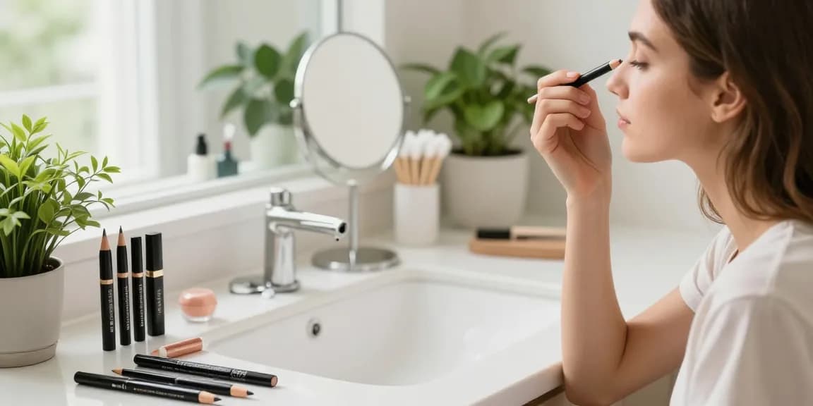 Woman applying makeup with a cosmetic pencil sharpener among beauty tools in a bright bathroom.