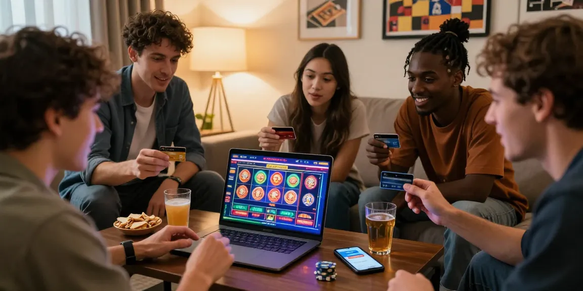 Group enjoying a lively gaming night, exploring credit card online casinos with laptop games and snacks.