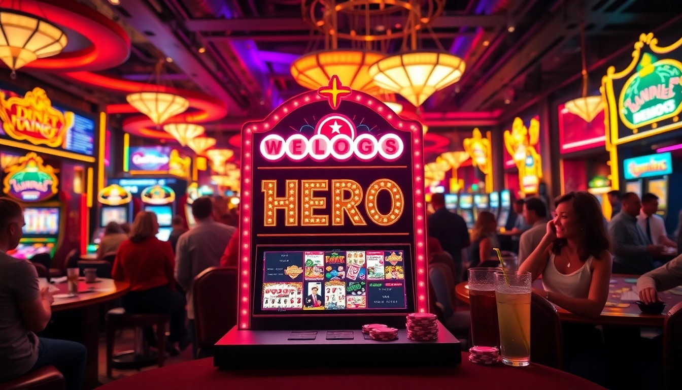 Engaging scene with vibrant Vegas hero slot machine attracting players in a lively casino.