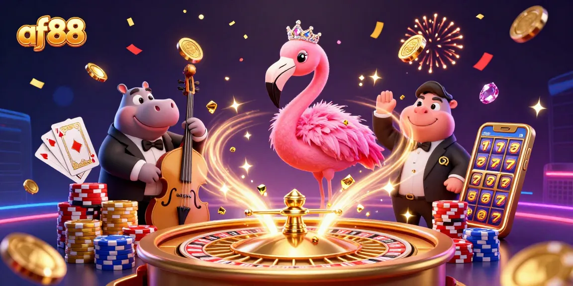 Engage in exciting gaming at af88 with this vibrant illustration showcasing casino excitement and energy.