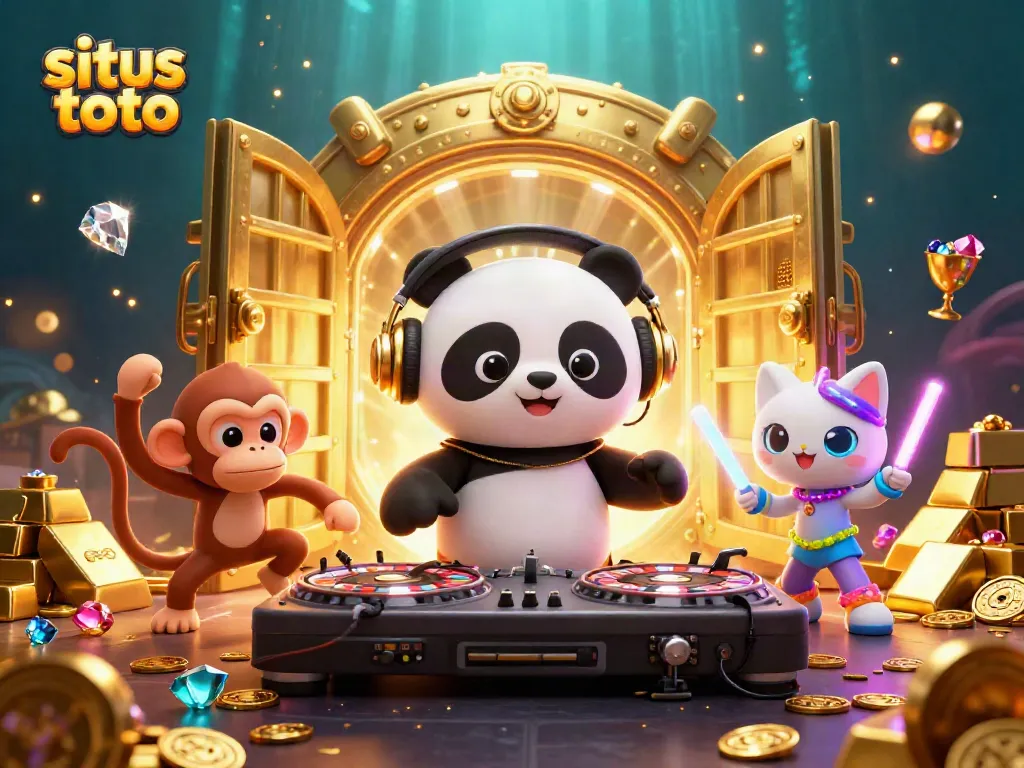 Engage with situs toto on platforms with a vibrant DJ panda, dancing monkey, and rave kitten in a dynamic casino scene.