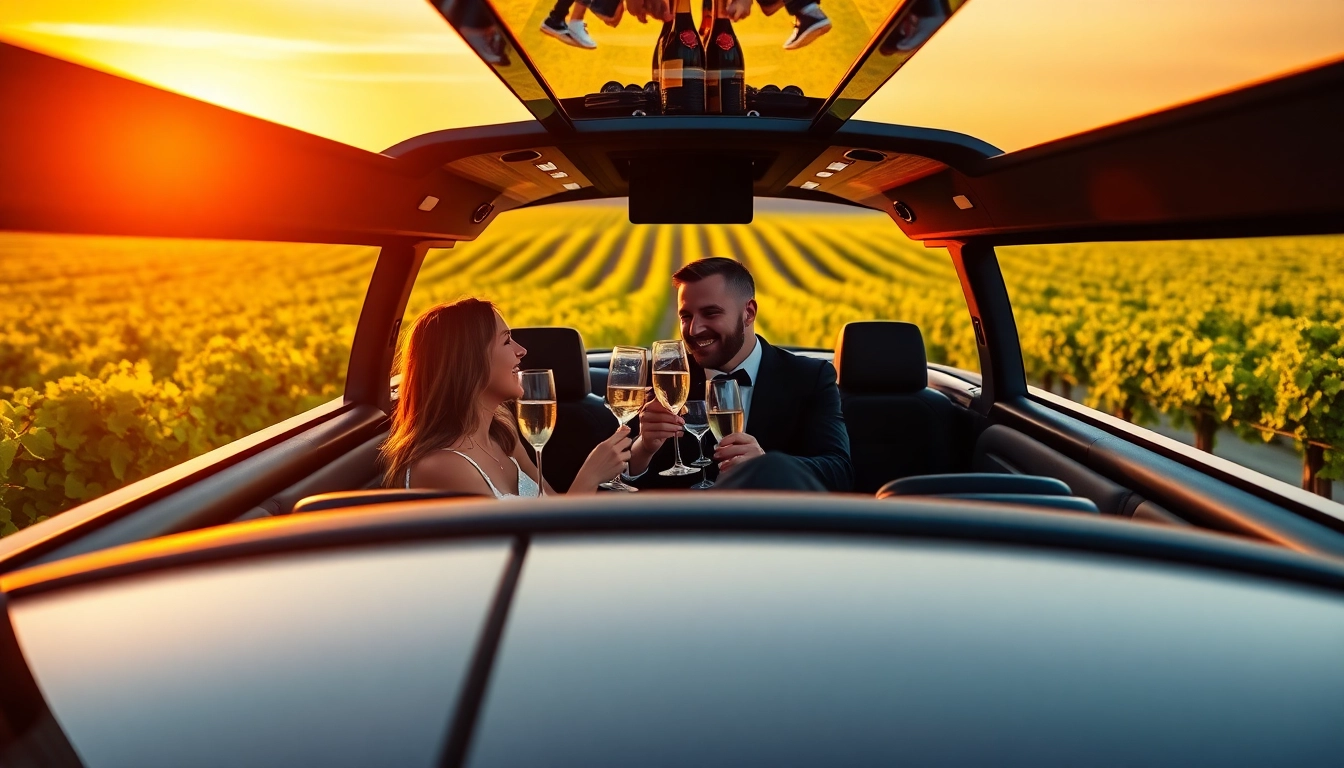 Enjoy a luxurious limo bus wine tour celebrating with friends at a vineyard.