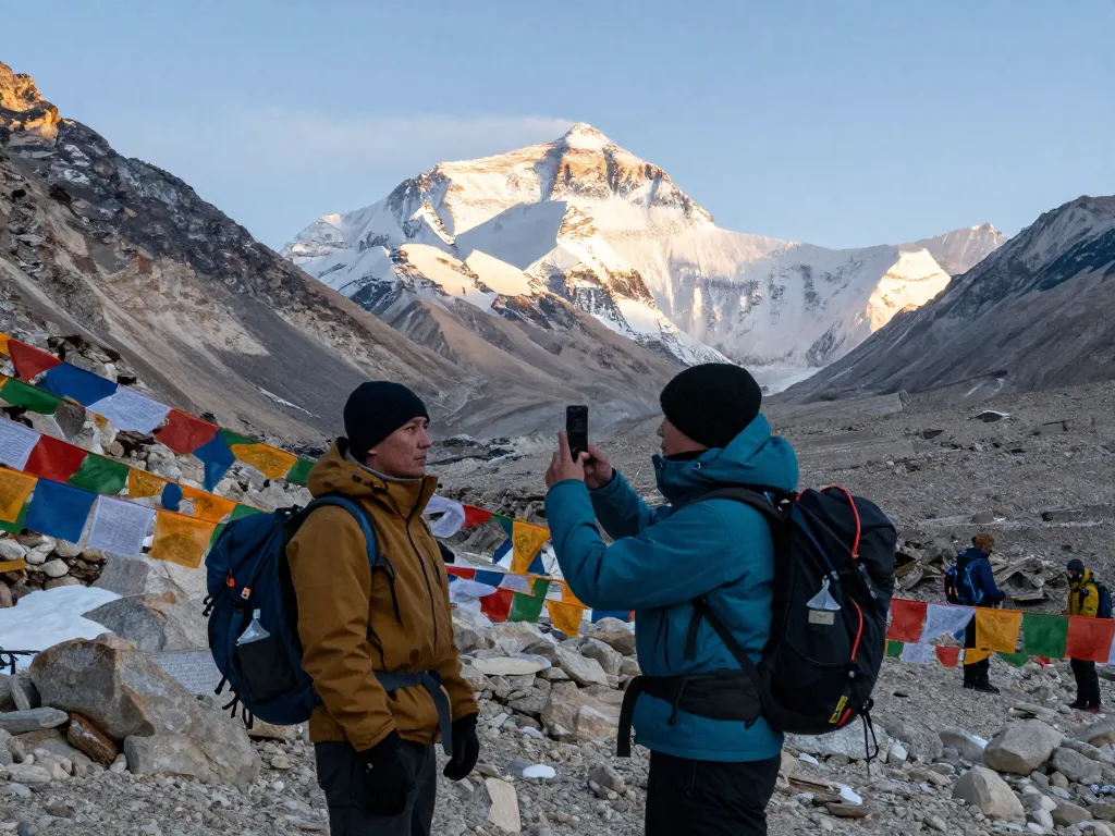 Stunning view of Everest Base Camp Heli Trek during sunrise with travelers capturing the moment.