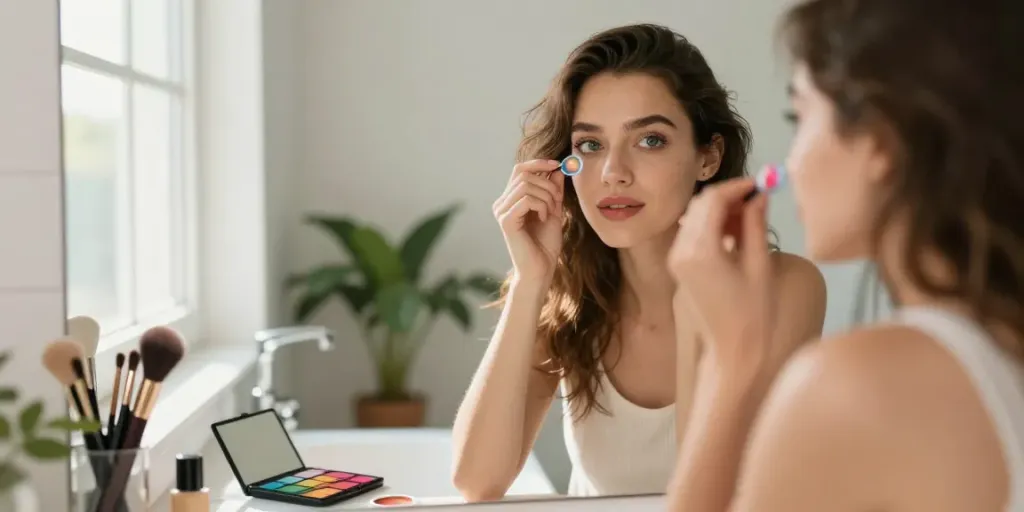 Mulher aplicando lentes de contato coloridas em um banheiro moderno, destacando o uso de lentes de contato.