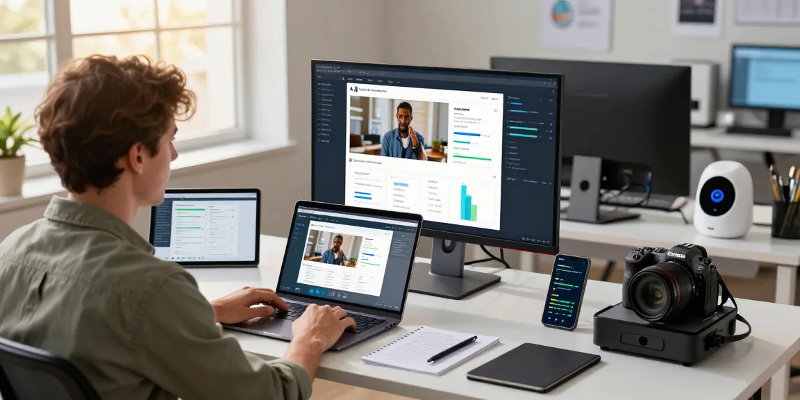 Image showcasing a professional using a free ai image detector in a modern workspace, analyzing image data on a sleek monitor.