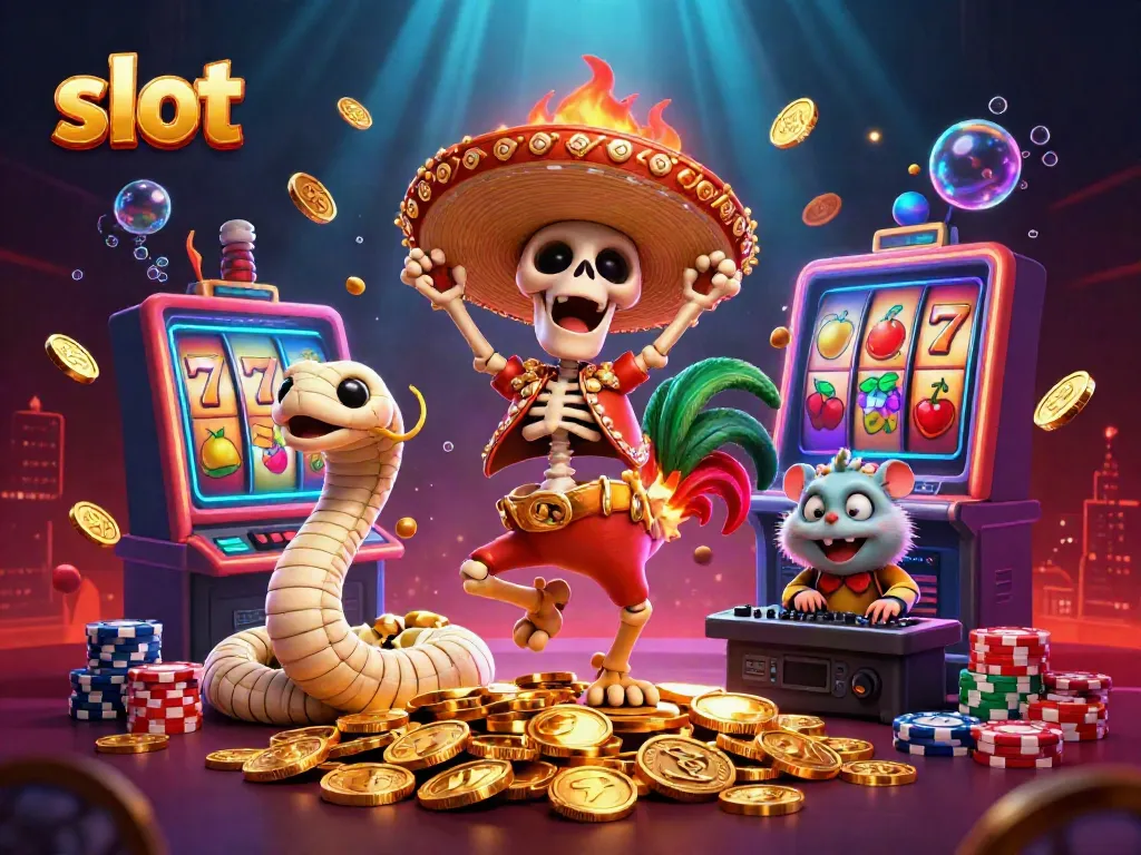 Ilustrasi 3D dengan karakter slot, termasuk kerangka mariachi dan ular mummy, merayakan kemenangan di tumpukan koin emas.