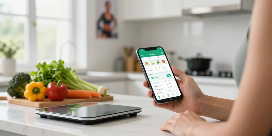 Individual using the best macro tracker app in a modern kitchen while preparing healthy meals with fresh ingredients.