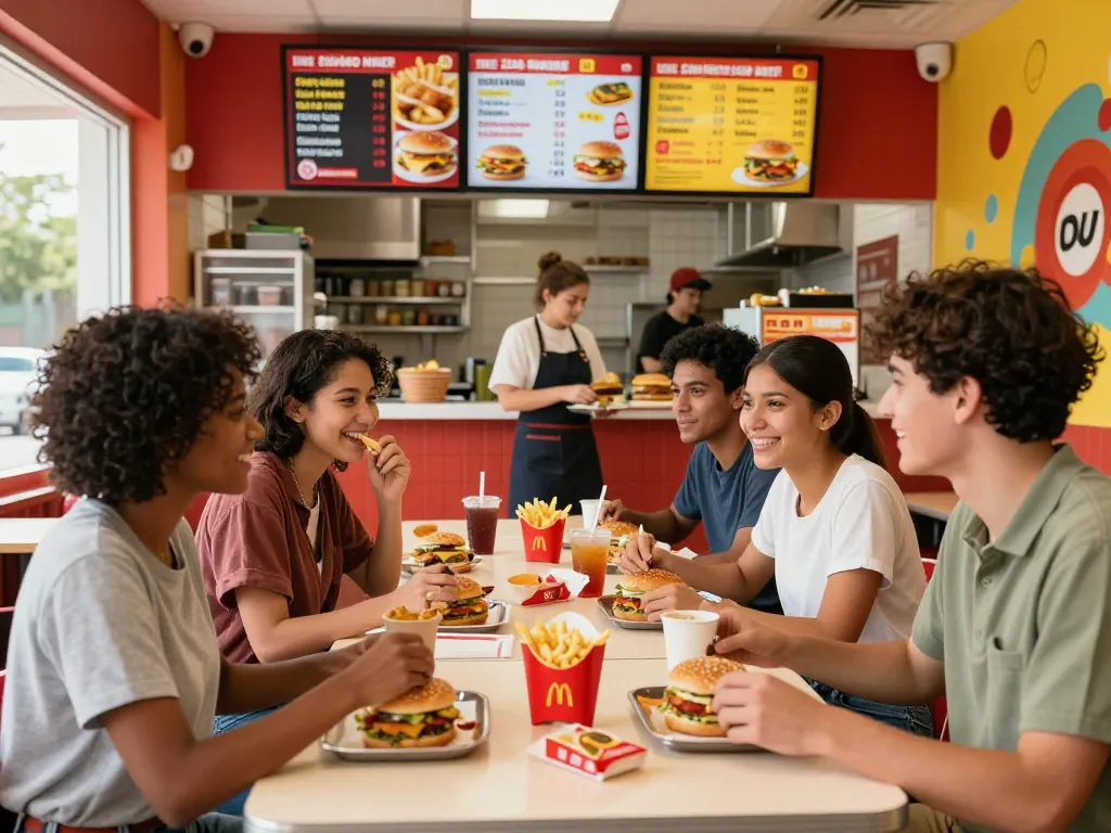 Friends enjoying a meal at a fast food restaurant, highlighting fast food prices and vibrant atmosphere.