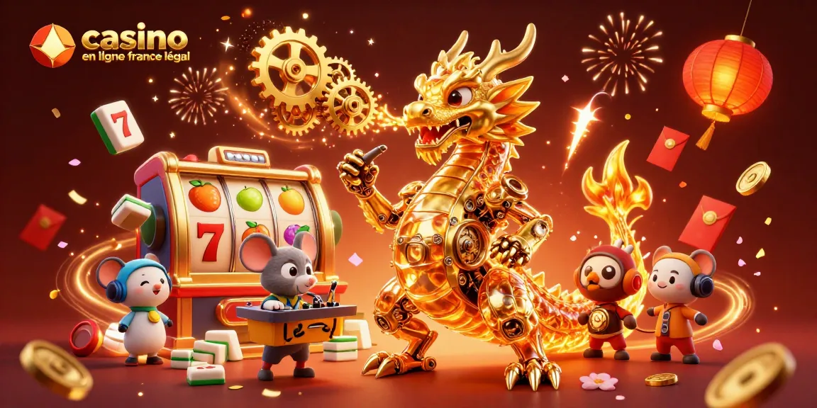 Jouez aux jeux de casino en ligne légalement en France avec une illustration captivante d'un dragon doré et d'éléments festifs.