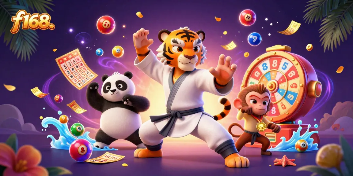Engage with f168. in this vibrant scene with cartoon characters and dynamic gambling elements.