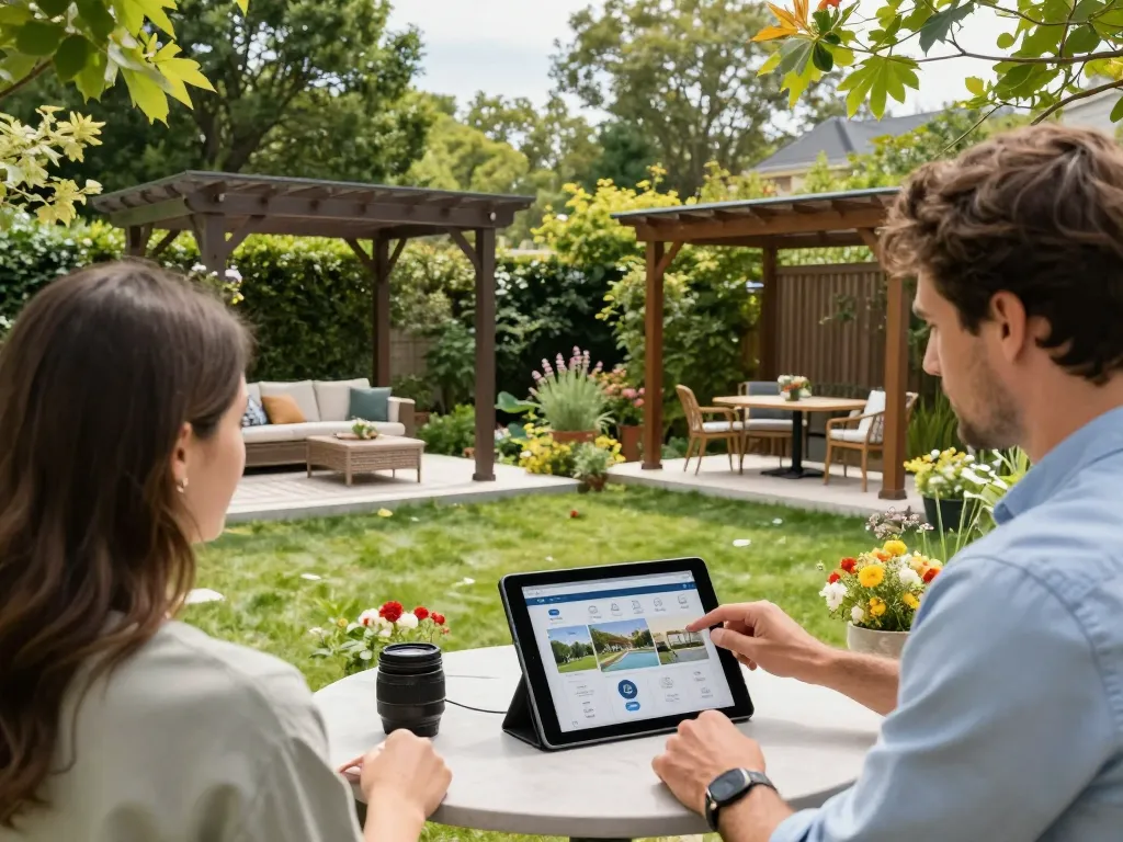 3D Pergola Configurator displayed in a vibrant garden setting, showcasing professional design interactions.