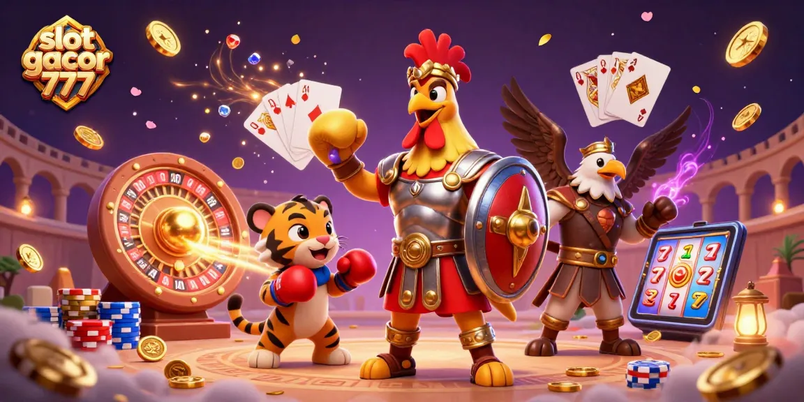 Experience the excitement of slot gacor 777 with dynamic gaming characters amidst dazzling coins and gems.