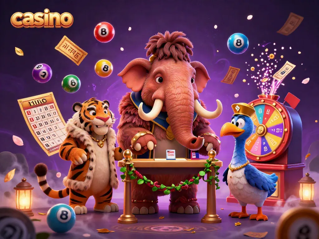 Engaging casino scene featuring a woolly mammoth bouncer checking IDs with vivid games elements.