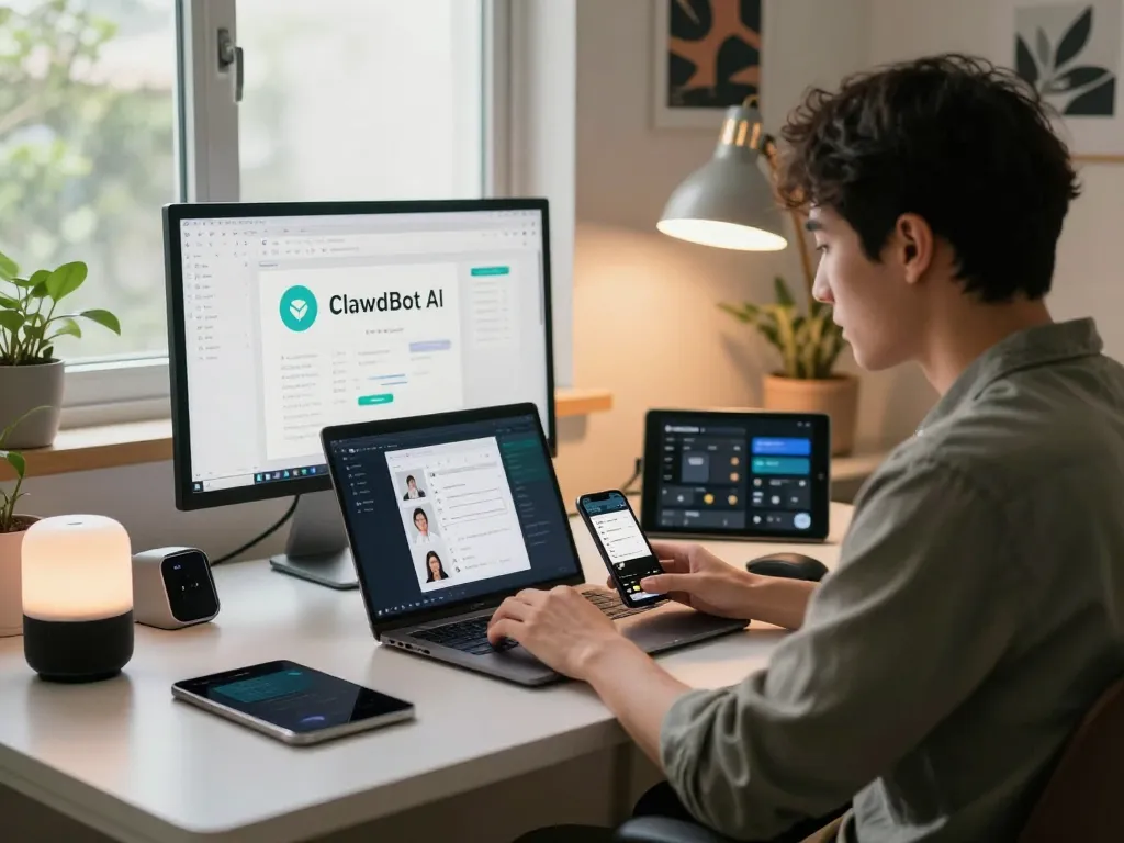 Engaged user interacting with ClawdBot AI in a modern home office setup, showcasing productivity tools.