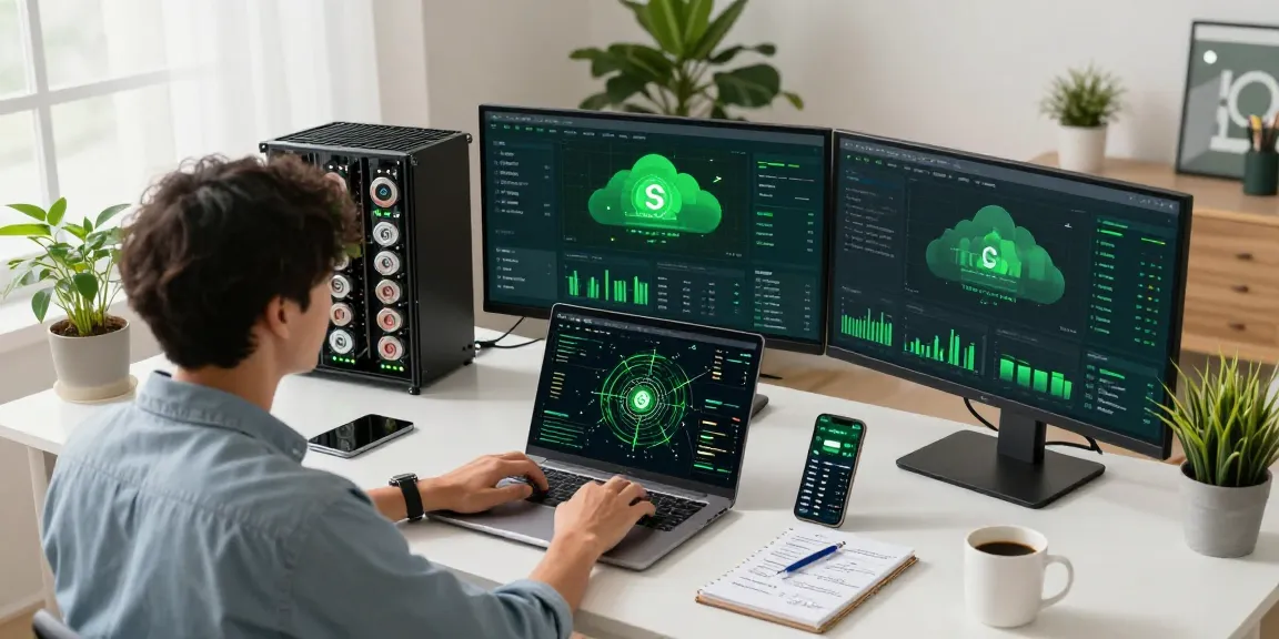 Green energy cloud mining setup with cryptocurrency dashboards and digital wallet in a professional workspace.