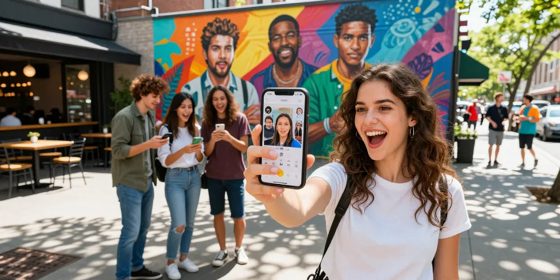 Young woman discovering look alikes of famous people using a celebrity app in an urban setting.