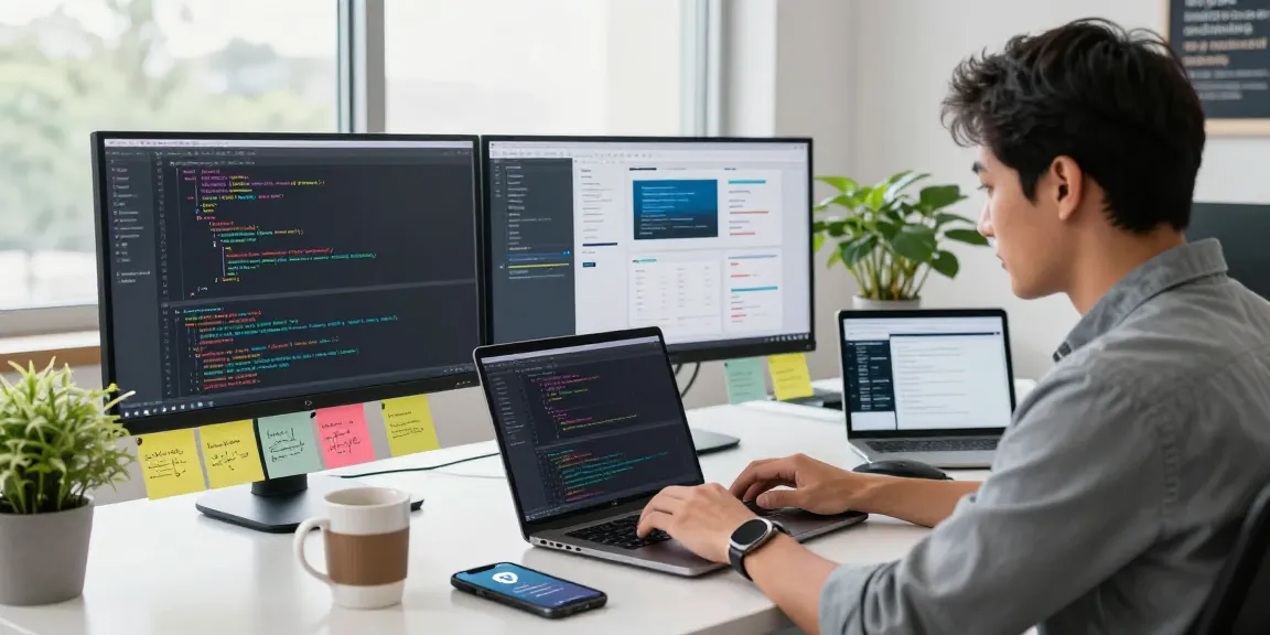Engaging workspace scene illustrating 纸飞机中文版官网 coding and technology environment with multiple monitors, coffee, and documentation.