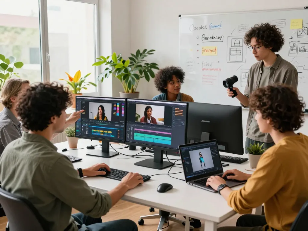 Team collaborating to convert video to prompt in a modern digital workspace, showcasing creativity and innovation.
