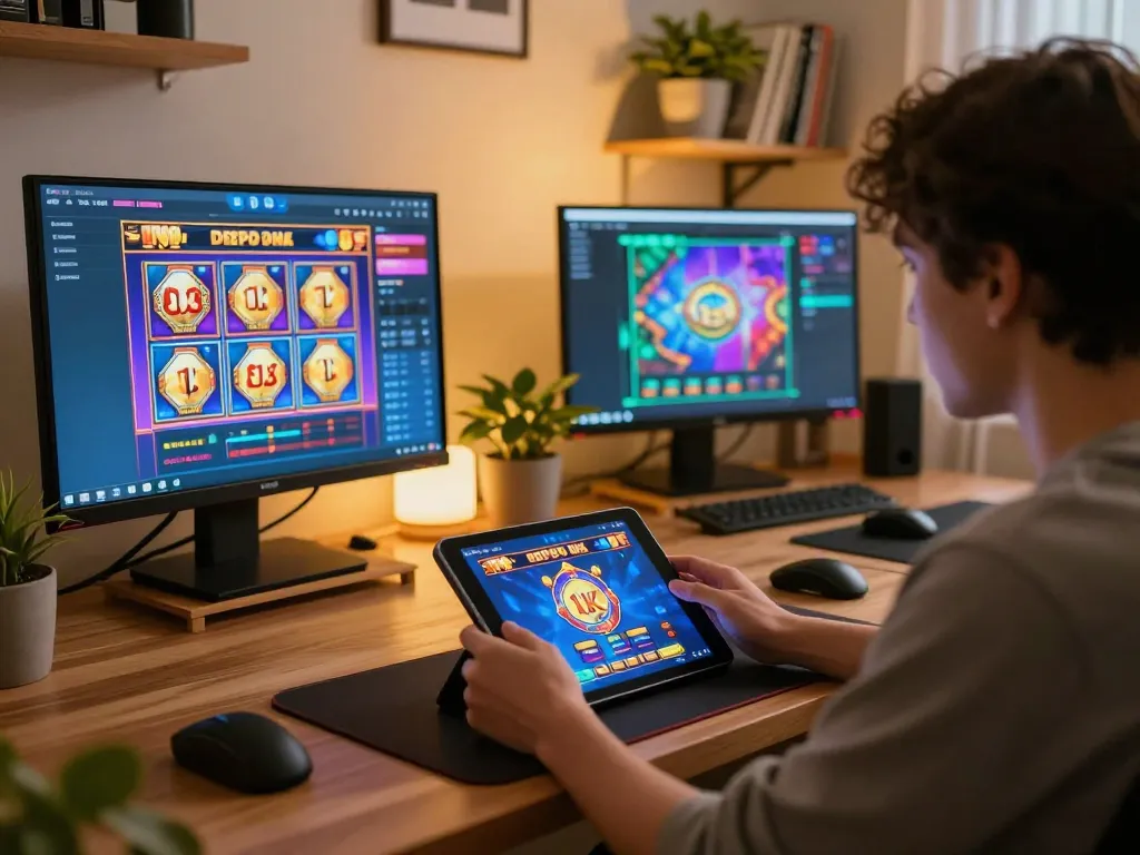 Playing slot depo 1k on tablet in a stylish home office during a gaming session