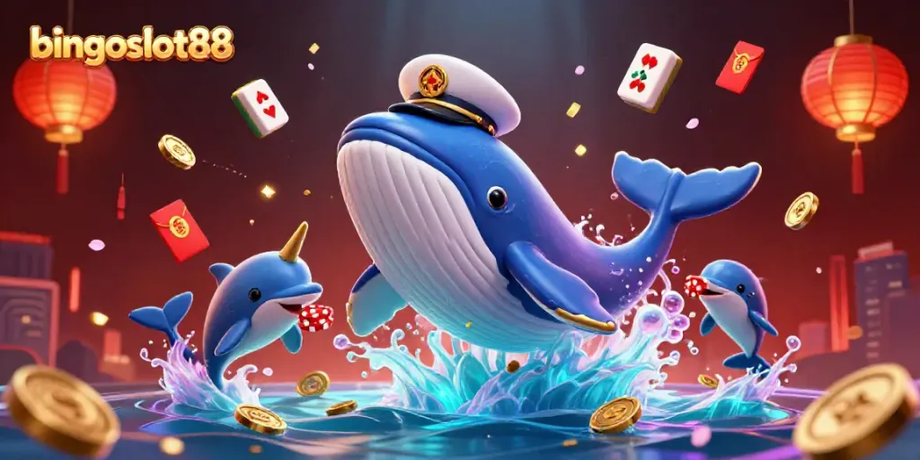 Bermain bingoslot88 dengan ikan paus dan lumba-lumba dalam suasana meriah penuh koin.