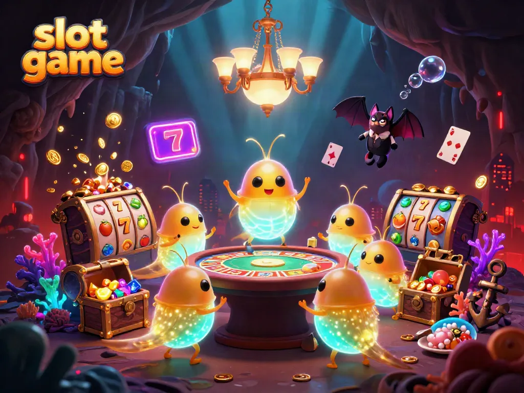 Experience thrilling slot game action brought to life by glowing glowworms in a vibrant underwater casino.