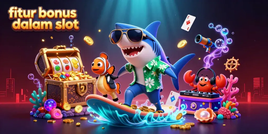 Menampilkan fitur bonus dalam slot dengan ikan hiu, ikan badut, dan kepiting DJ di tengah harta karun.