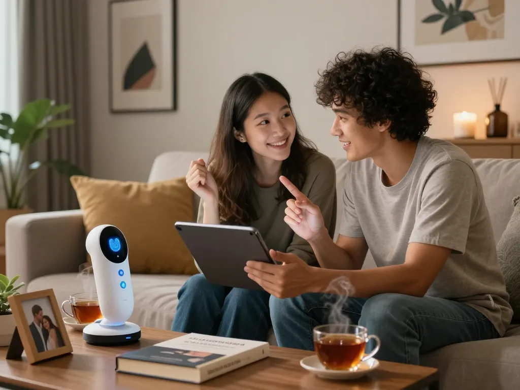 Couple enjoying ai sex relationship enhancement with AI chatbot in cozy living room.