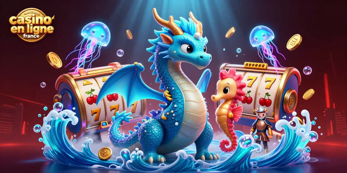 Explorez les jeux du meilleur casino en ligne France avec un dragon en mer et des symboles chanceux.