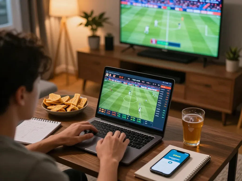 Engaged gambler using the 678vip website on a laptop while placing live sports bets in a cozy living room atmosphere.