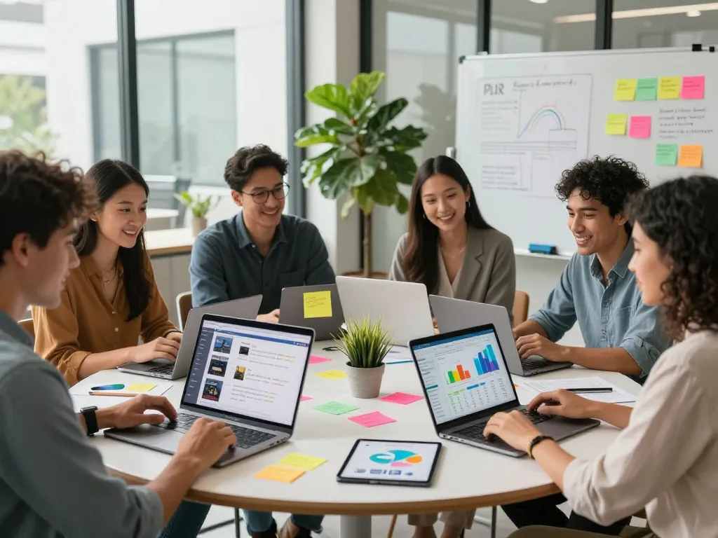 Buy Private Label Rights Products in a collaborative e-commerce workspace with diverse entrepreneurs and laptops.
