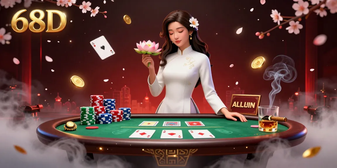 Engage with 68D's exciting gaming atmosphere featuring a poker scene with vibrant chips and elegant players.