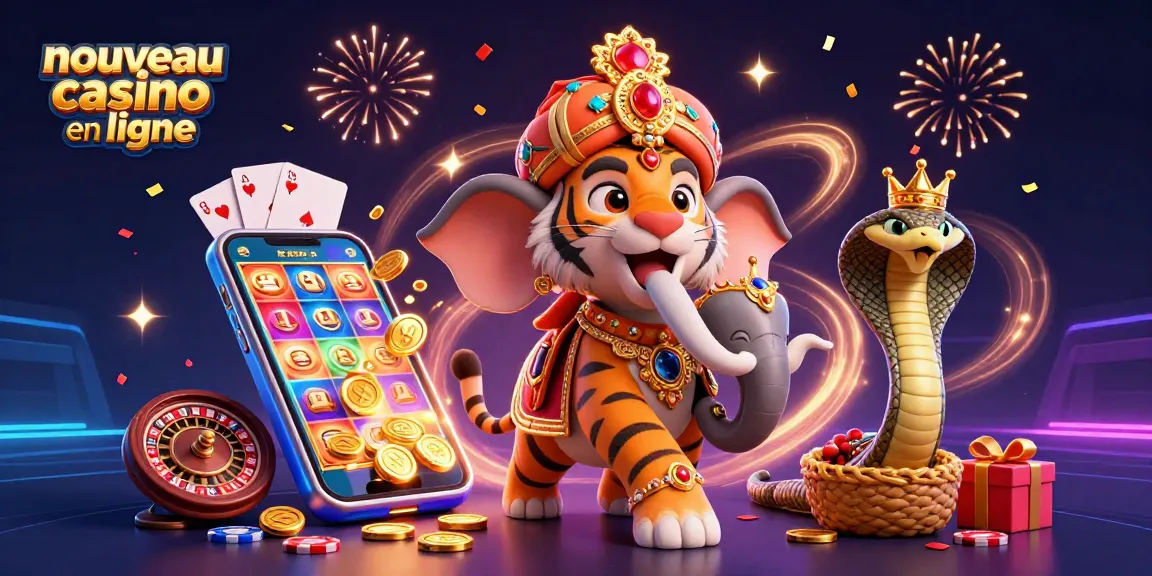 Illustration 3D d'un nouveau casino en ligne montrant un tigre maharaja et un éléphant, avec des éléments de jeu