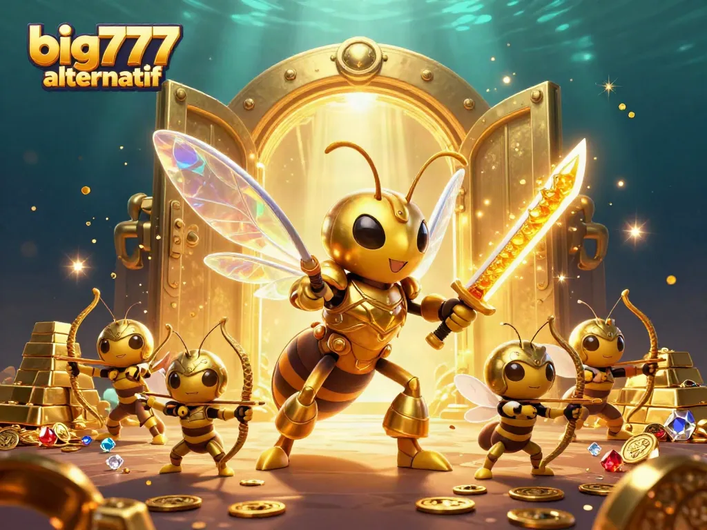 Engage with big777 alternatif showcasing a vibrant, dynamic casino scene filled with gold and treasure elements.