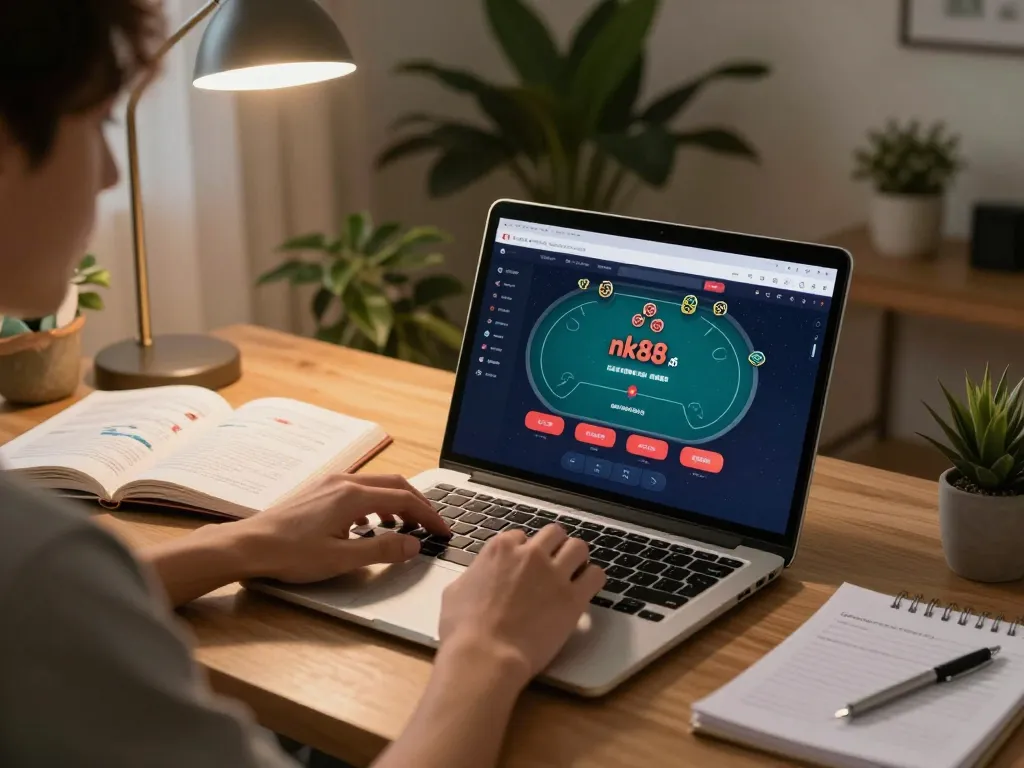 Engaging online poker session with nk88 app on laptop in cozy home office, showcasing strategic gameplay.