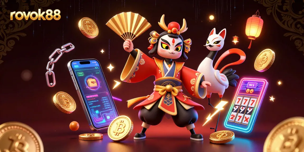 Experience the dynamic gaming world of rokok88 with a kabuki warrior amidst glowing crypto coins.