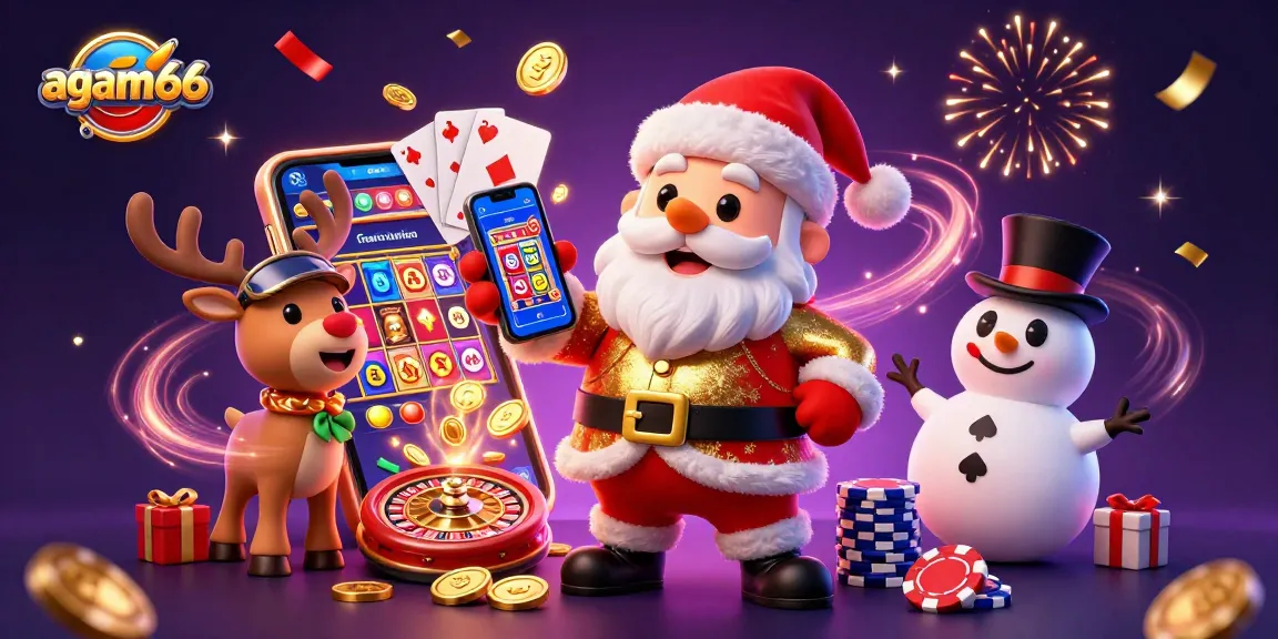 Experience excitement with agam66 jackpots featuring Santa and his friends in a vibrant casino scene.