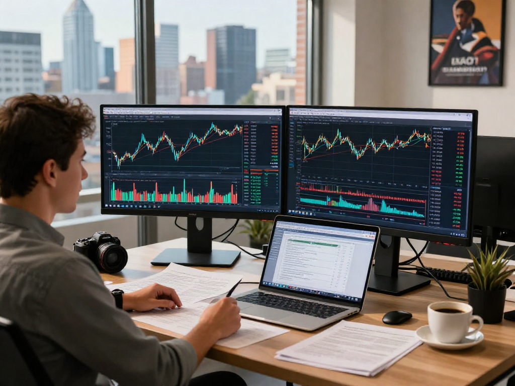 Trader using metatrader 5 for analyzing financial markets in a modern office.