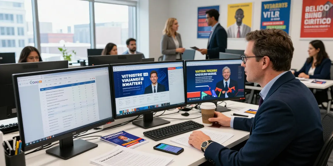 Discover how to run google ads for a campaign in a vibrant political strategy office.