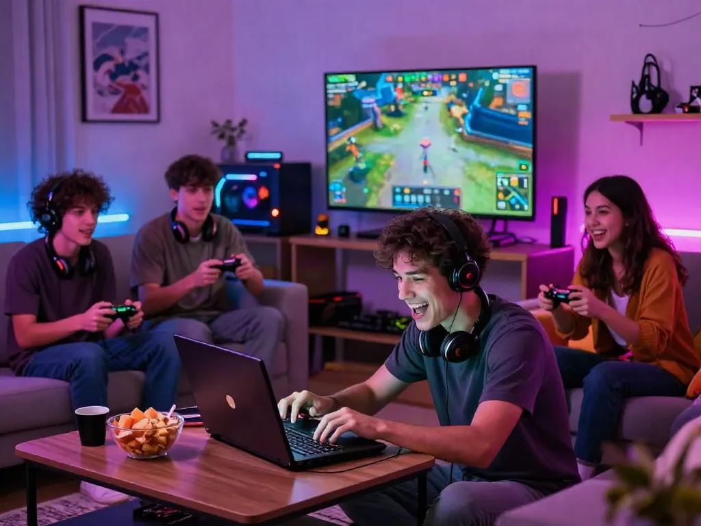 Suasana permainan online JPTOTO dengan gamer bersemangat di ruang tamu nyaman.
