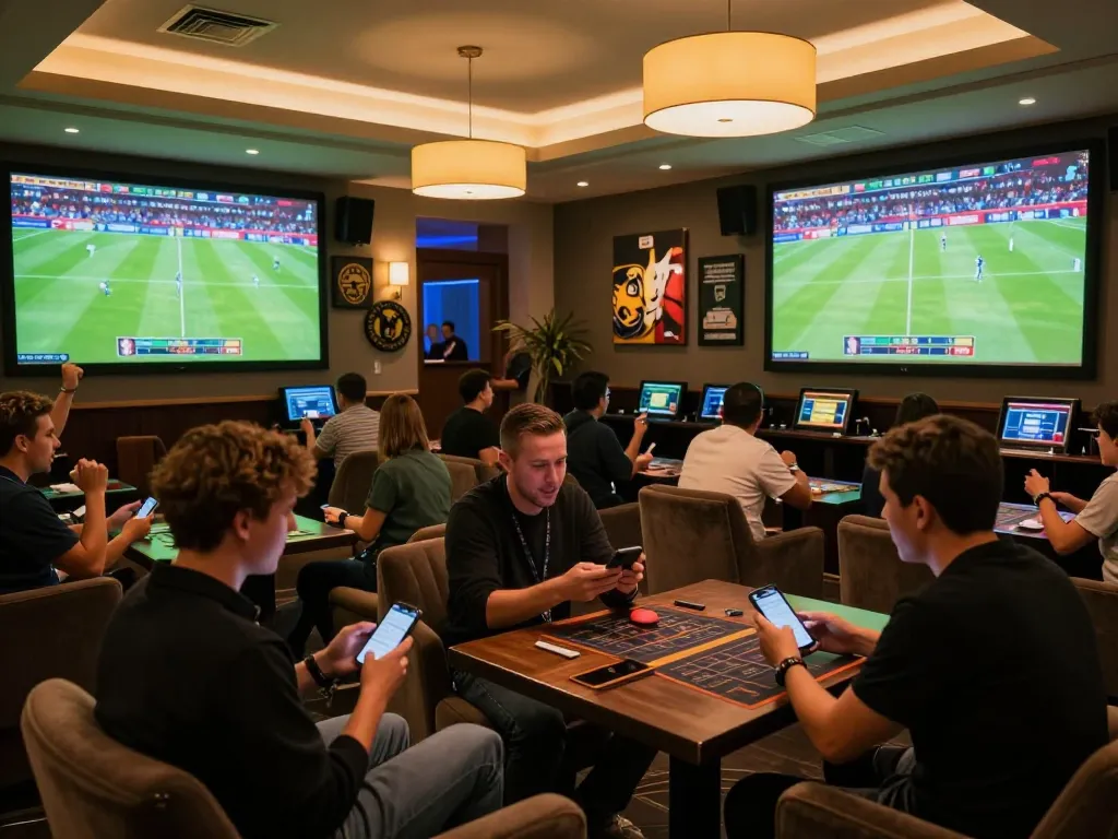 Bongdalu users placing bets on live soccer matches in a vibrant sports lounge atmosphere.