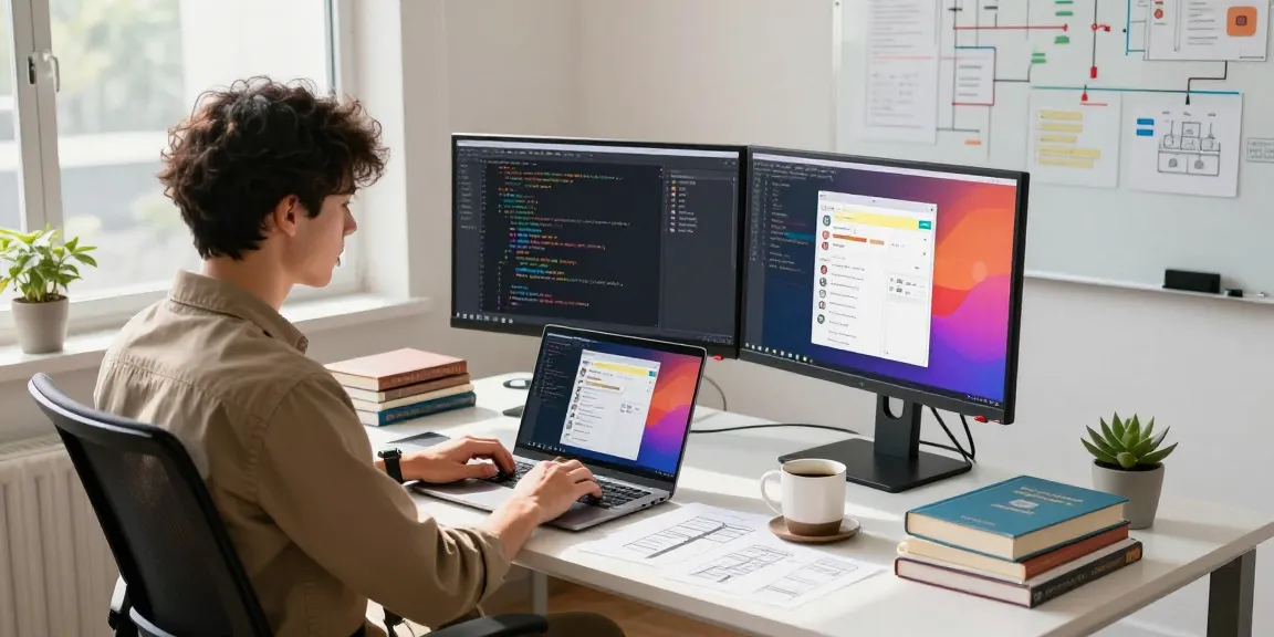 Workspace showcasing developer focusing on the 纸飞机中文版官网 app interface with coding tools, natural light, and vibrant project sketches.