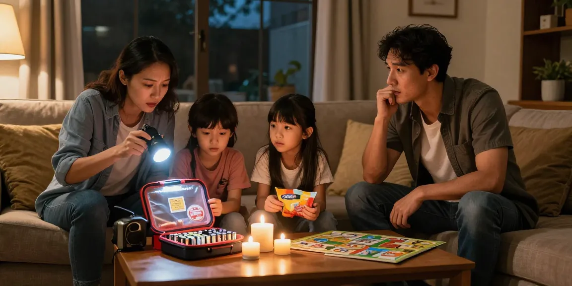 A family brainstorming what to do during a power problem at home, illuminated by candlelight, with an emergency kit on the table.
