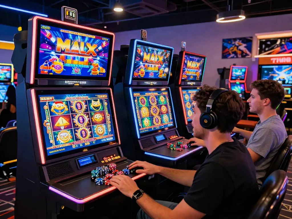 Engaged players celebrating their wins on slot maxwin games in a modern gaming lounge
