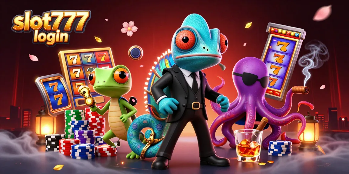 Slot777 login menghadirkan keseruan mesin slot dengan chameleon dan gecko, dikelilingi oleh simbol jackpot dan chip poker.