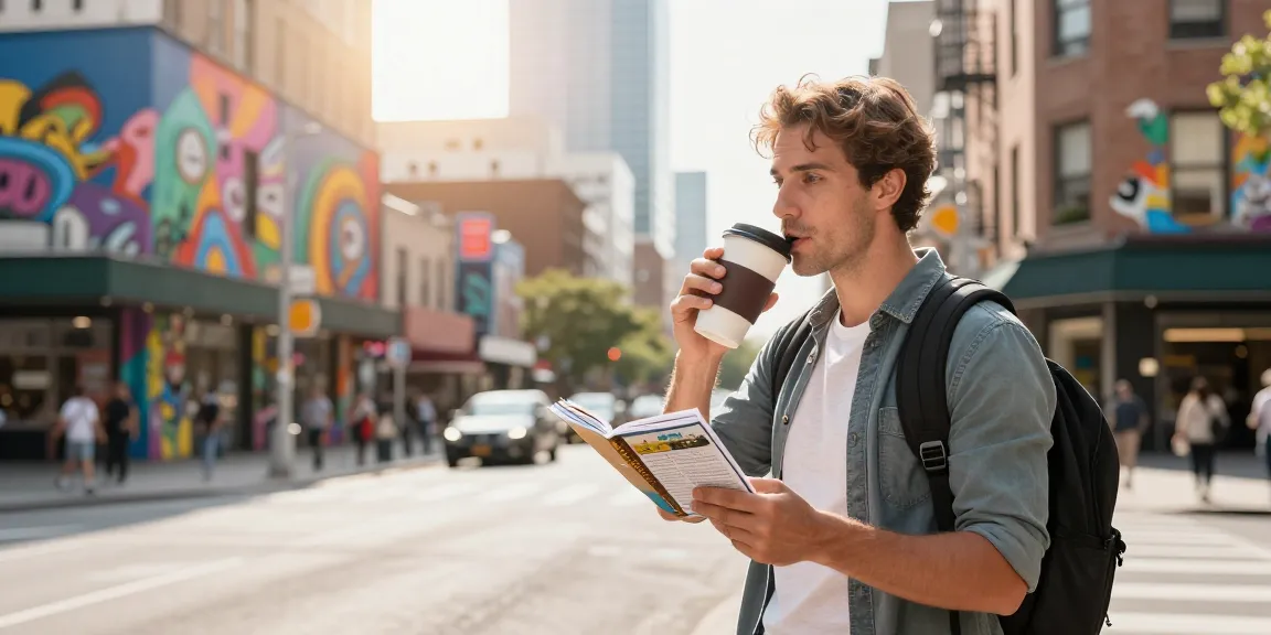 Explorando Cupons eSIM em cidade vibrante com smartphone e guia de viagem.