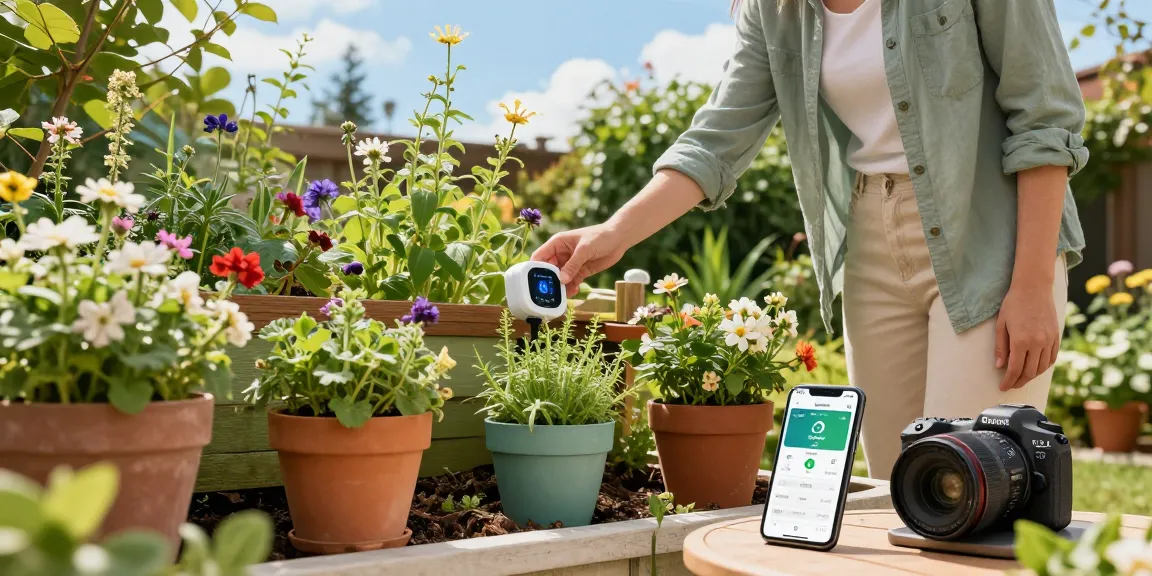 Gardener using RainPoint WiFi timer to optimize plant watering in vibrant garden.