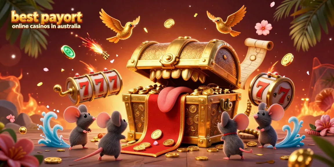 Experience excitement at the best payout online casinos in Australia with vibrant illustrations showcasing treasures and rewards.
