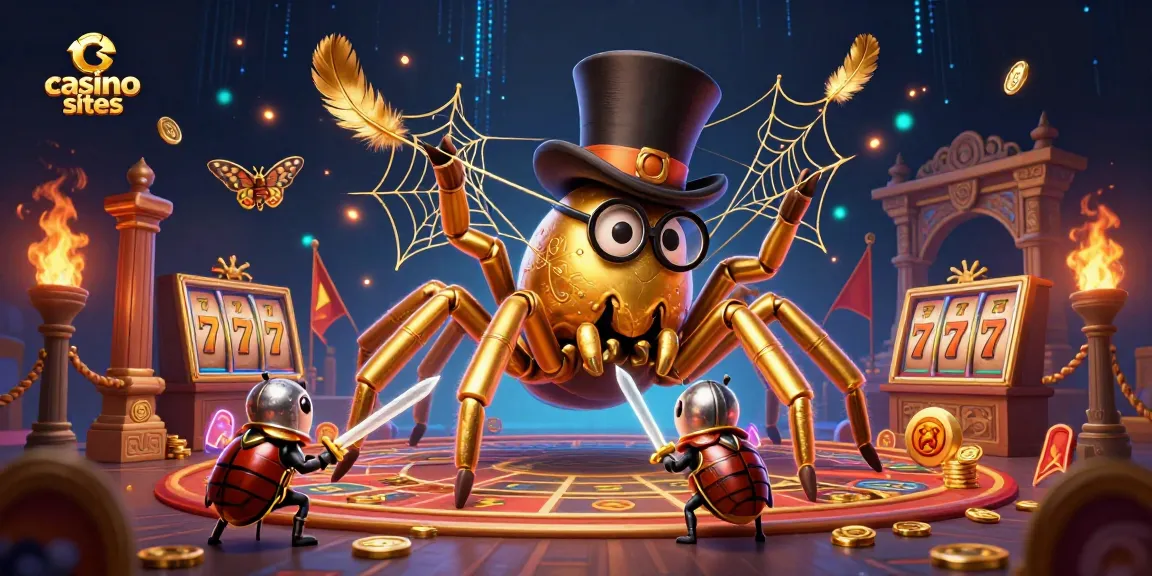 Exciting scene illustrating casino sites with a golden tarantula and a beetle knight amidst playing elements and coins.