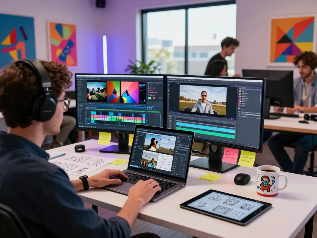 Creative studio scene demonstrating video to promptgenerator technology in action, showcasing a modern workspace.