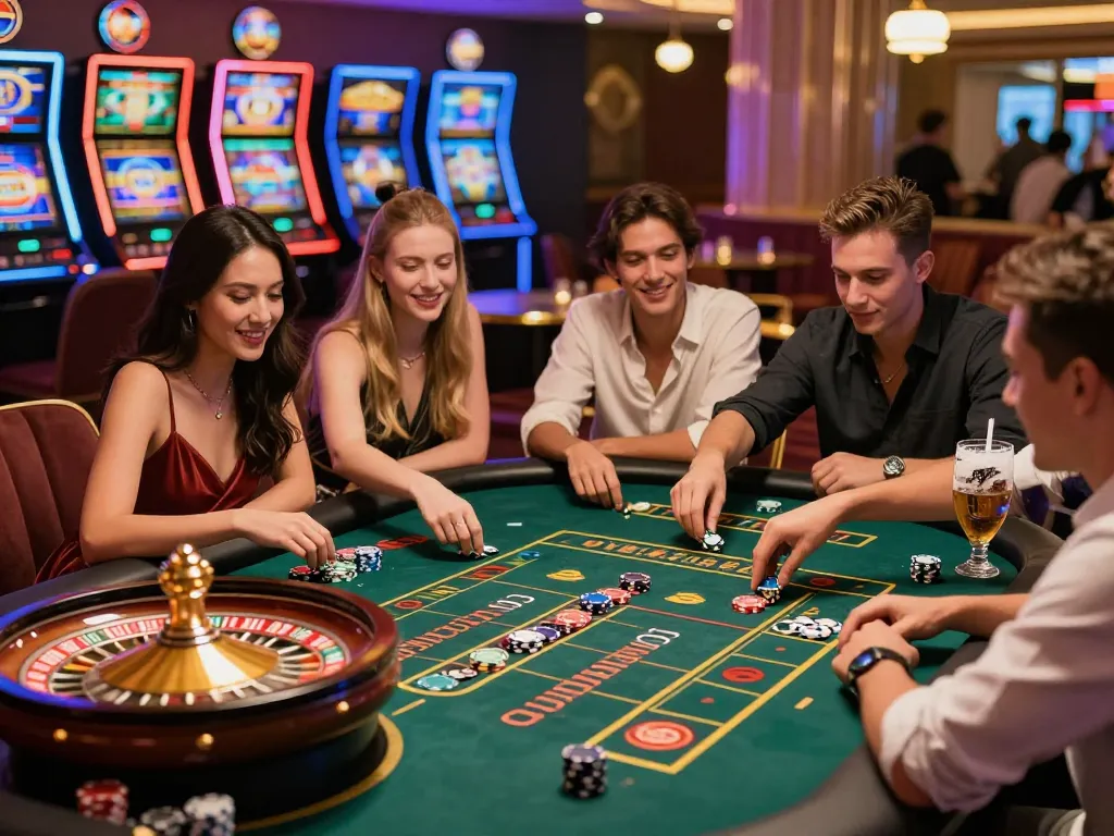 Friends enjoying gaming at MM88 online casino, vibrant atmosphere with roulette and slot machines.